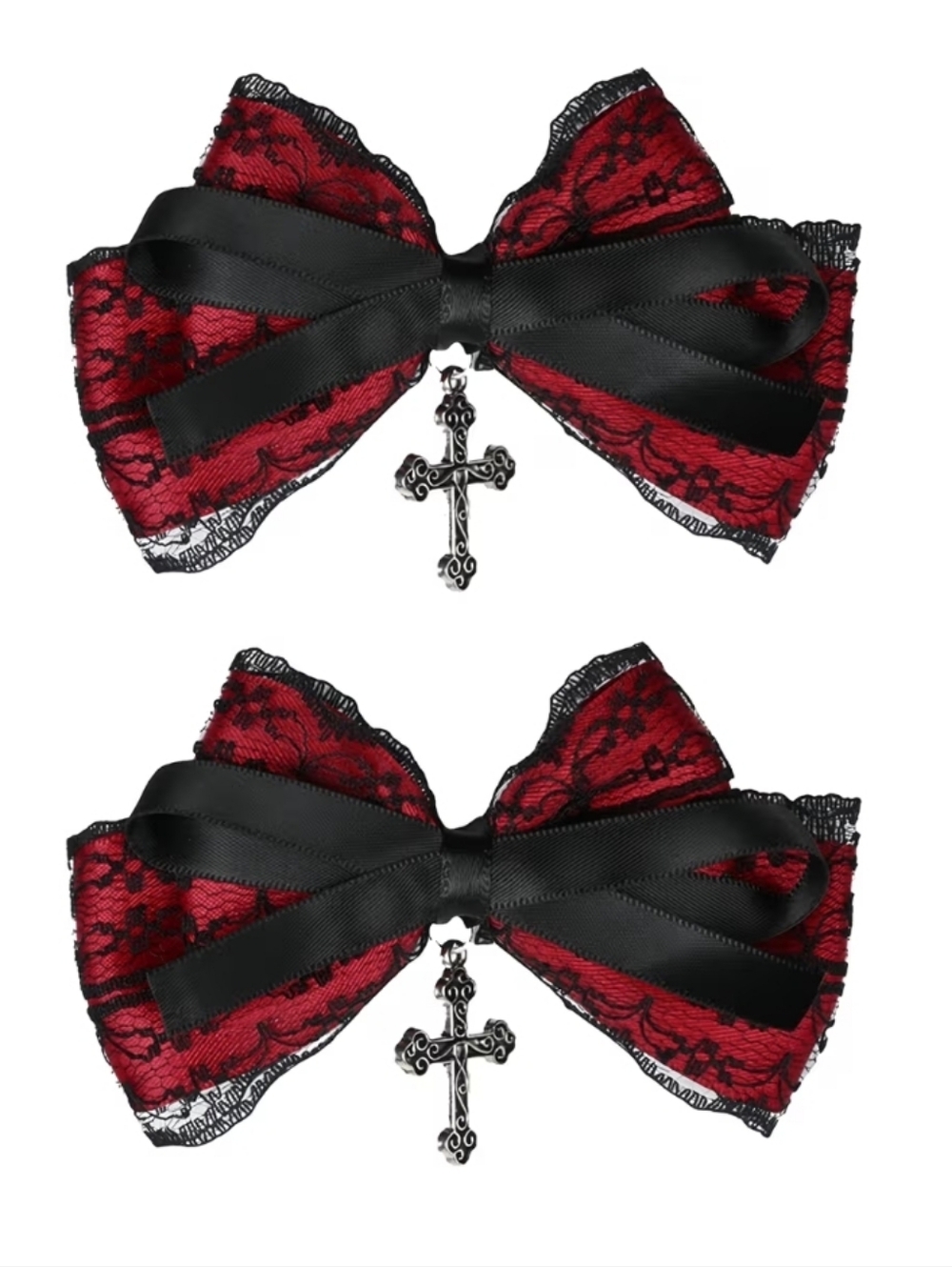 Gothic Red & Black Lace Bow Hair Clips with Cross Charms (Set of 2)
